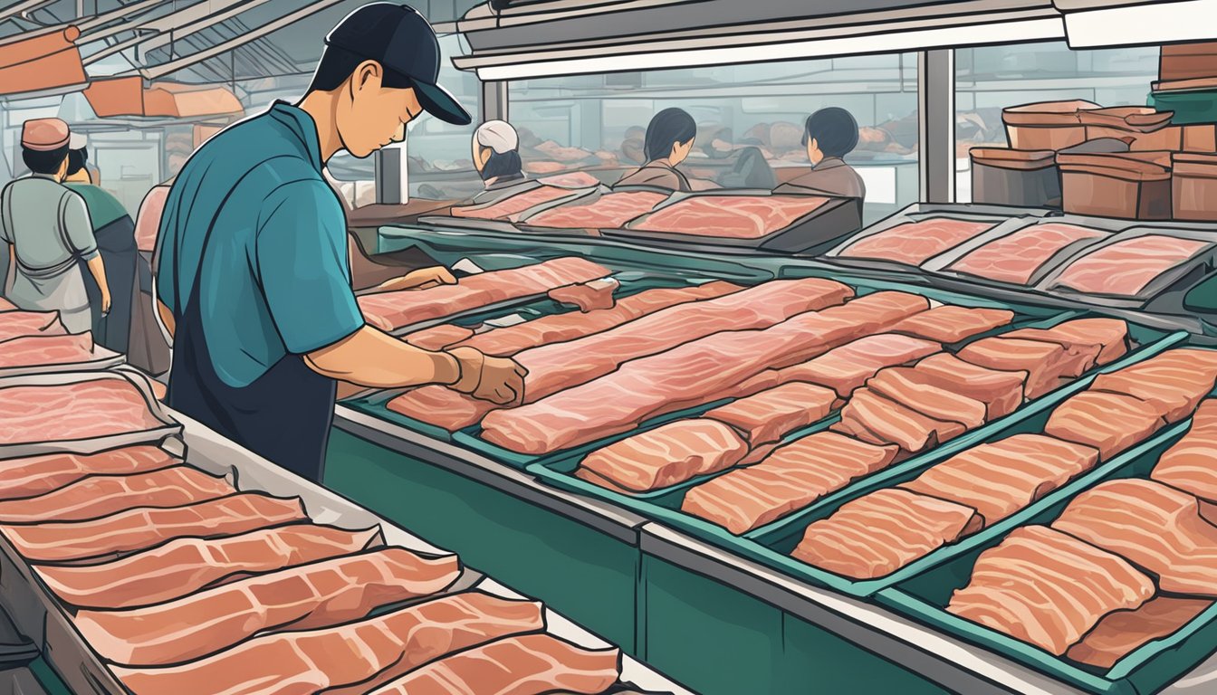 A customer carefully inspects rows of fresh pork belly at a local market in Singapore, searching for the perfect cut
