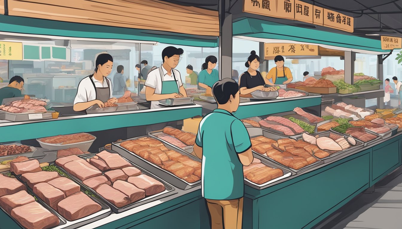 A bustling market stall displays fresh pork belly in Singapore. Customers browse the selection, as the vendor weighs and packages the meat