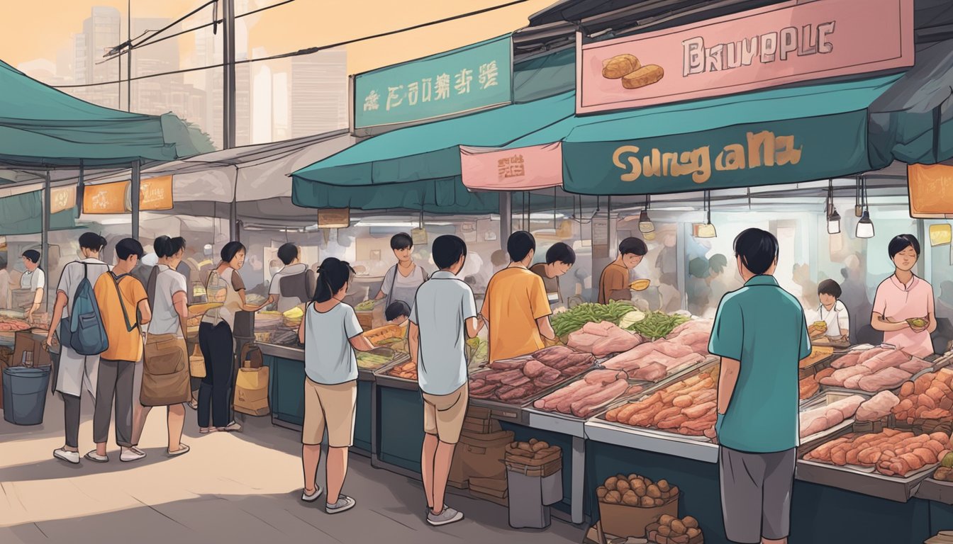 A bustling market stall with fresh pork belly on display, surrounded by curious customers and vendors in Singapore