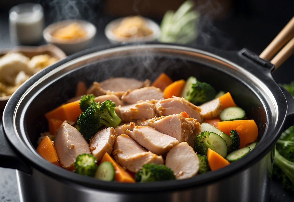 Sliced chicken, soy sauce, ginger, garlic, and vegetables in a crockpot. Aromatic steam rises as the ingredients simmer together