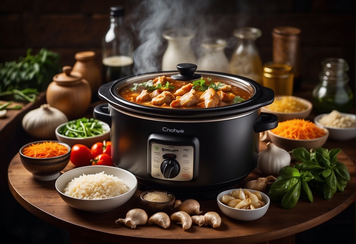 A crockpot simmering with Chinese chicken, surrounded by various ingredients like soy sauce, ginger, and garlic. Steam rises from the pot as the savory aroma fills the kitchen
