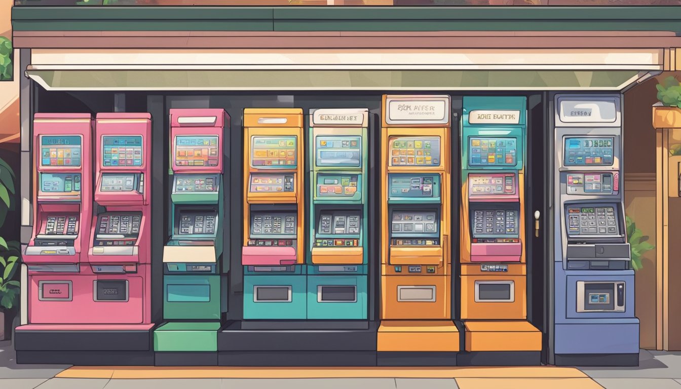 A storefront in Singapore displays punch card machines for sale. Brightly lit with a variety of models and prices