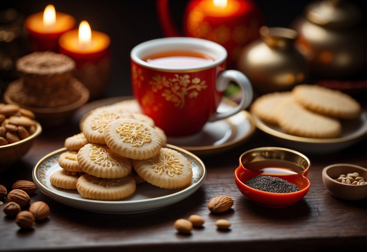 A table filled with colorful Chinese New Year cookies, surrounded by ingredients like sesame seeds and nuts. A steaming cup of tea sits nearby