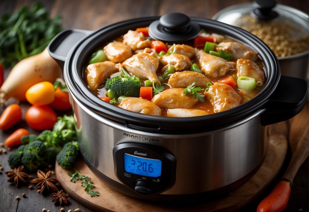 A bubbling crockpot filled with Chinese chicken, surrounded by aromatic spices and fresh vegetables