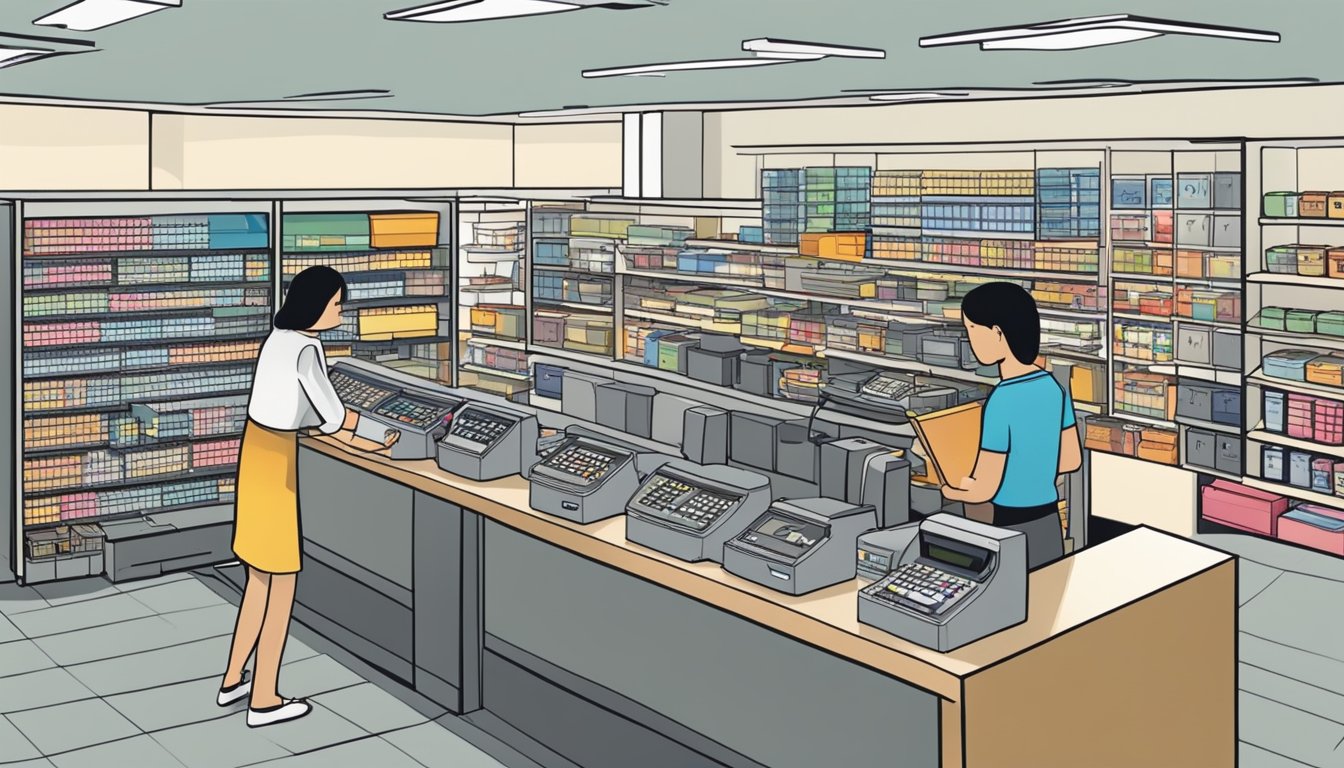A busy office supply store in Singapore sells punch card machines to customers. Shelves are stocked with various models and a salesperson assists a customer with a purchase