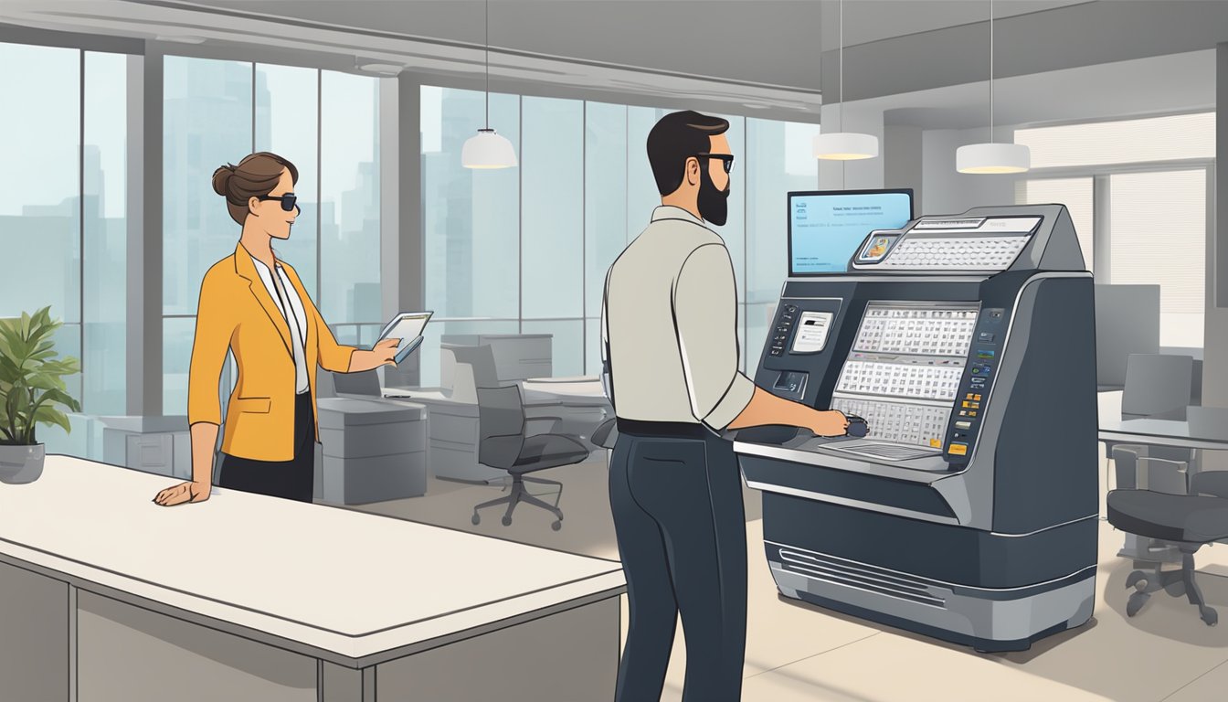 A punch card machine displayed in a well-lit office setting, with a salesperson demonstrating its functions to a potential buyer. The machine is sleek and modern, with a clear and user-friendly interface