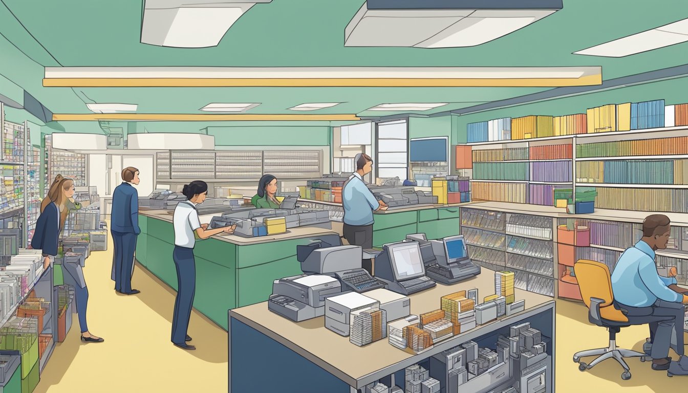 A bustling office supply store with shelves of punch card machines, customers browsing, and a helpful salesperson assisting a client