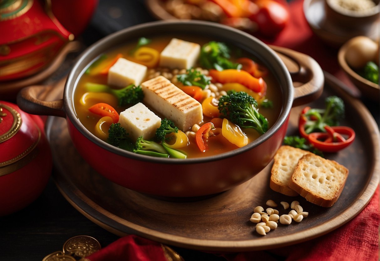 A table set with colorful, fresh ingredients like vegetables, tofu, and whole grains. A steaming pot of soup and a plate of stir-fry are surrounded by vibrant red and gold decorations for Chinese New Year