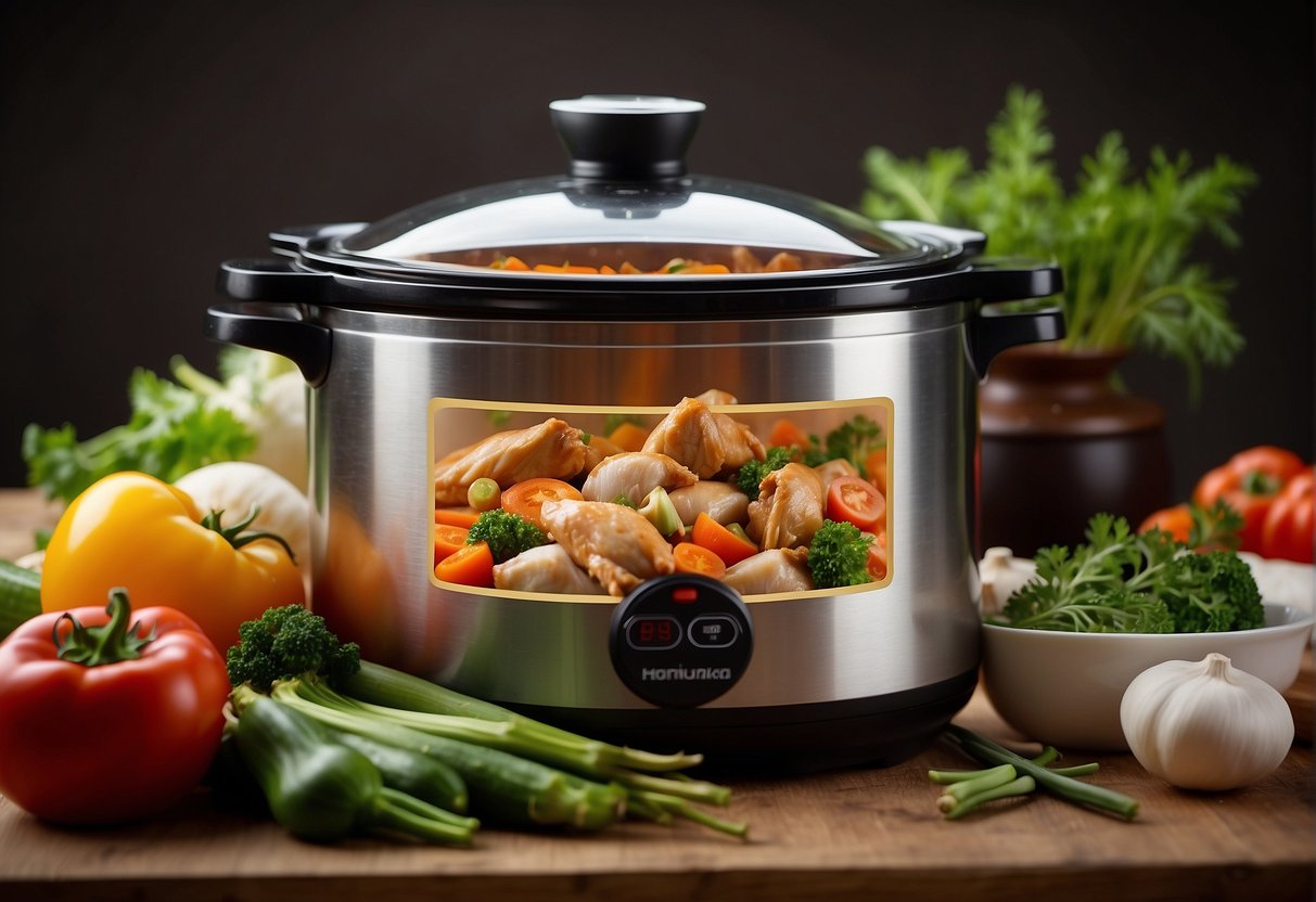 A crockpot filled with fragrant Chinese chicken, surrounded by colorful vegetables and herbs, with a bottle of soy sauce and a pair of chopsticks nearby