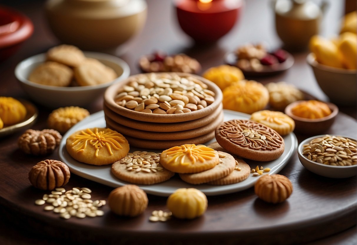 A table adorned with a colorful array of Chinese New Year cookies, symbolizing prosperity and good fortune. Ingredients like nuts, seeds, and dried fruits are scattered around, highlighting the healthy aspect of the traditional recipe