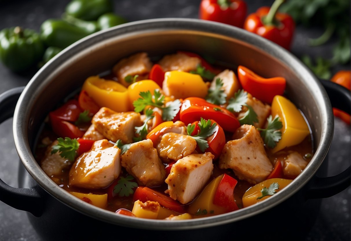 Chunks of tender chicken, colorful bell peppers, and aromatic spices simmering in a flavorful Chinese sauce in a crockpot