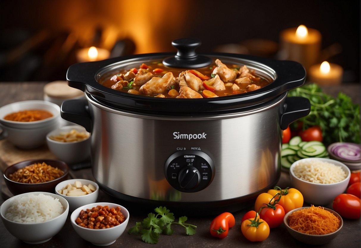 A crockpot filled with Chinese chicken simmering in savory sauce, surrounded by various spices and ingredients. A microwave sits nearby for reheating leftovers