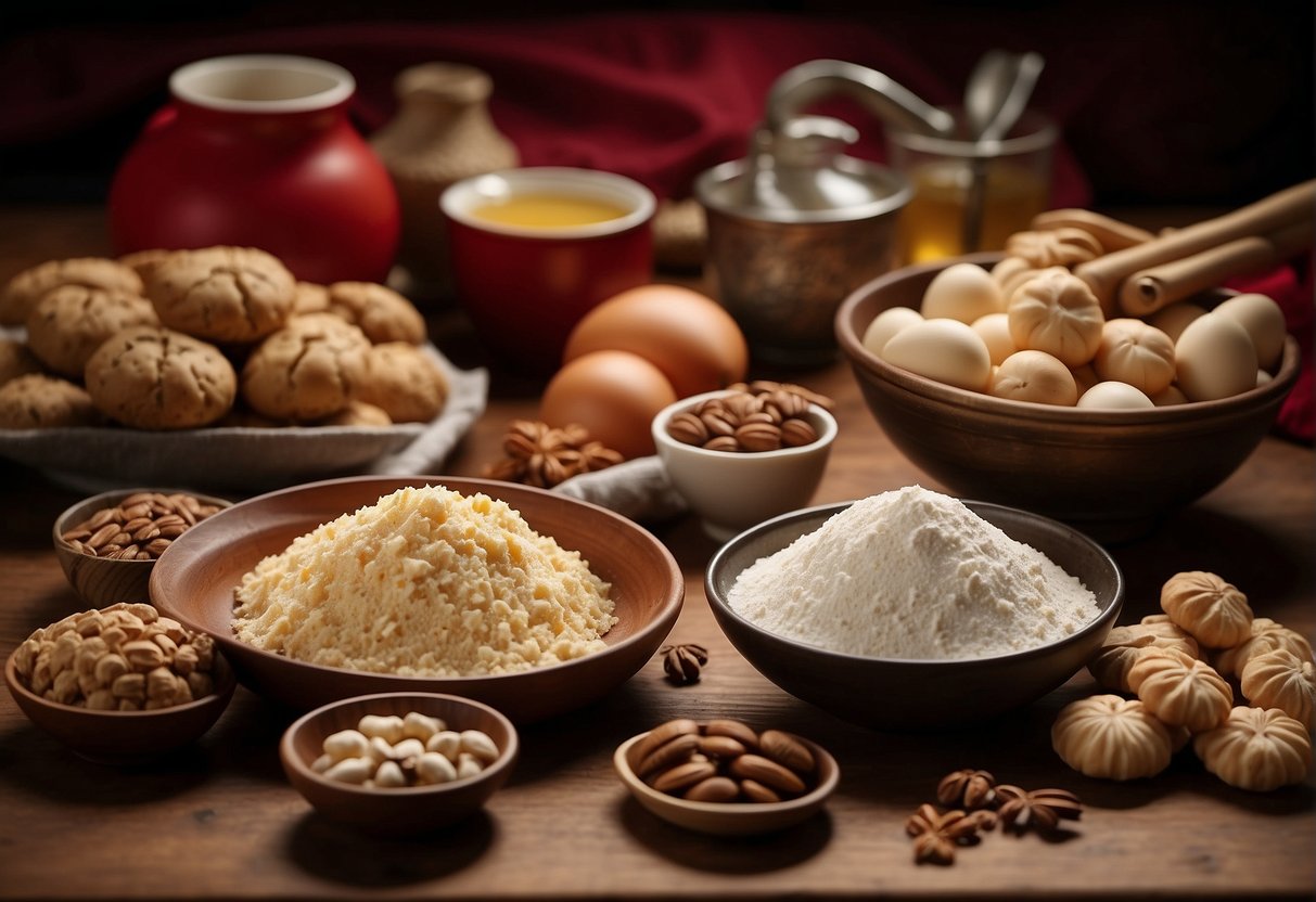 A table with various ingredients: flour, sugar, eggs, nuts, and spices. A mixing bowl, whisk, and cookie cutters are nearby. A recipe book is open to "Authentic Flavours healthy Chinese New Year cookies."