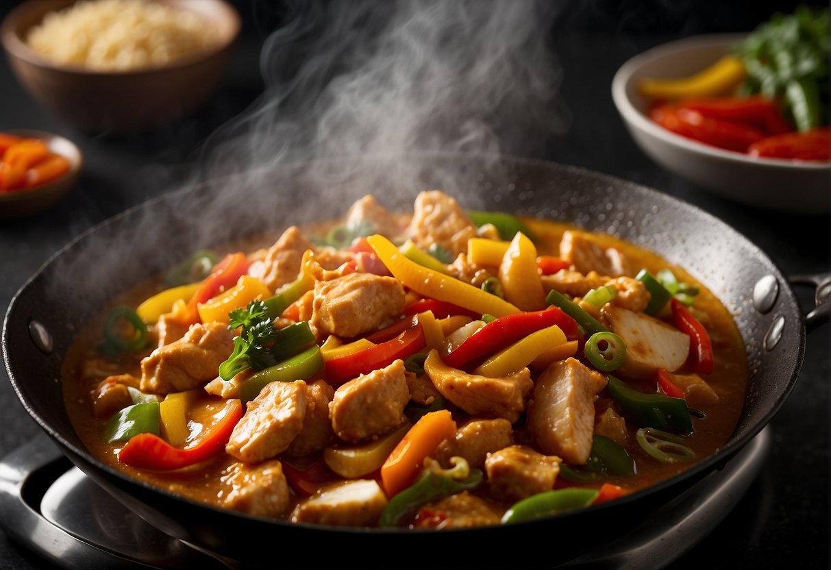 A wok sizzles with chunks of chicken, onions, and bell peppers in a fragrant, golden Chinese curry sauce. Steam rises as the ingredients are tossed together, creating a mouthwatering aroma