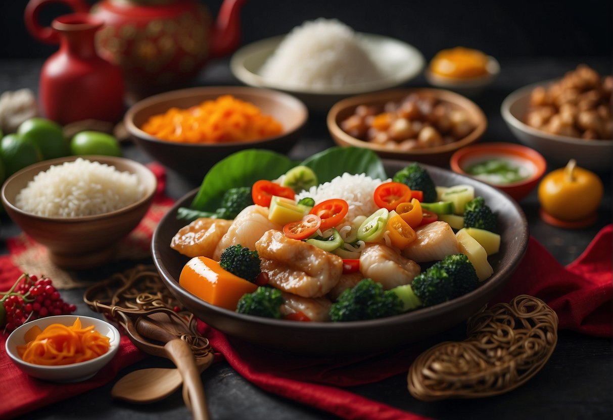 A table set with colorful, fresh ingredients and traditional Chinese dishes reimagined with a healthy twist for the Chinese New Year celebration