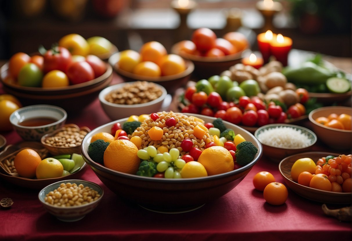A colorful spread of fresh fruits, vegetables, and traditional Chinese dishes arranged on a table, with vibrant red and gold decorations for a festive Chinese New Year celebration
