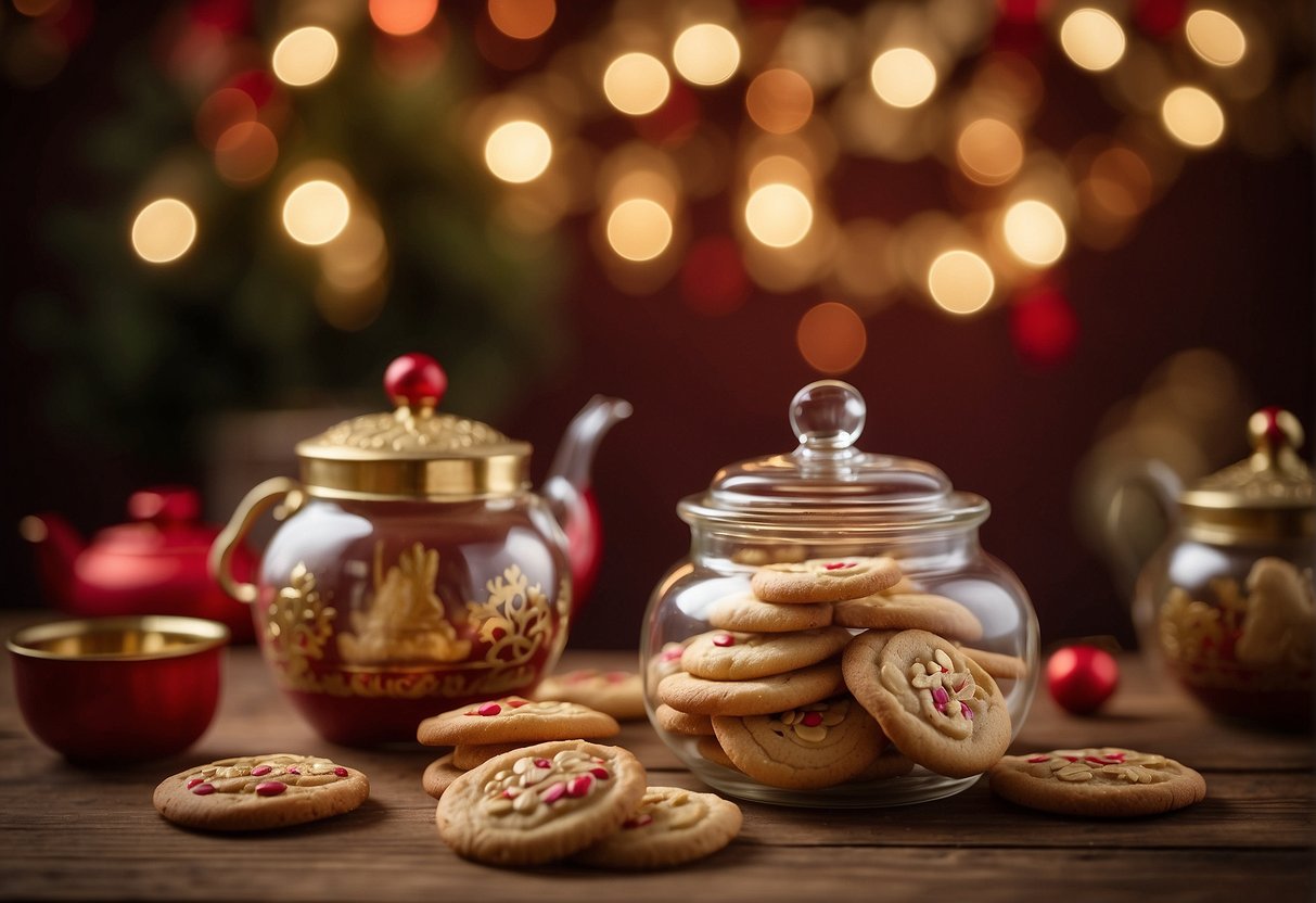 A glass jar filled with homemade Chinese New Year cookies sits on a wooden table, surrounded by festive red and gold decorations. A hand reaches for a cookie while a teapot and cups wait nearby