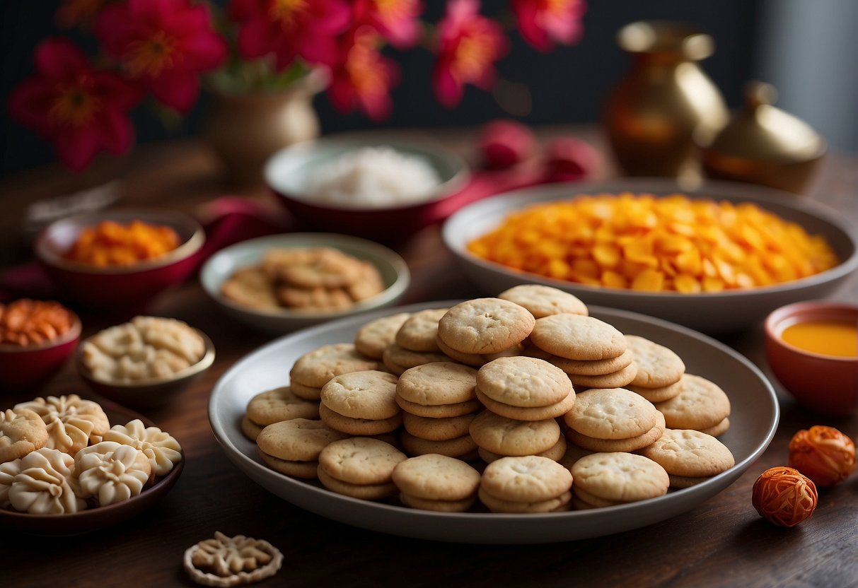 A table filled with colorful and aromatic ingredients, a mixing bowl, and a recipe book open to a page titled "Healthy Chinese New Year Cookies Recipe."