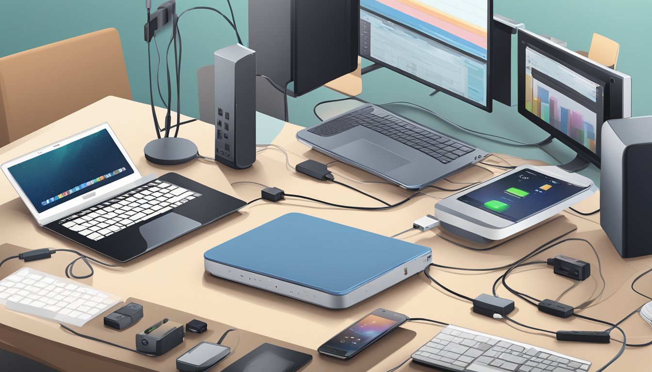 A USB hub sits on a sleek desk, surrounded by various electronic devices. The hub is connected to a laptop and several other cables, showing its functionality and versatility