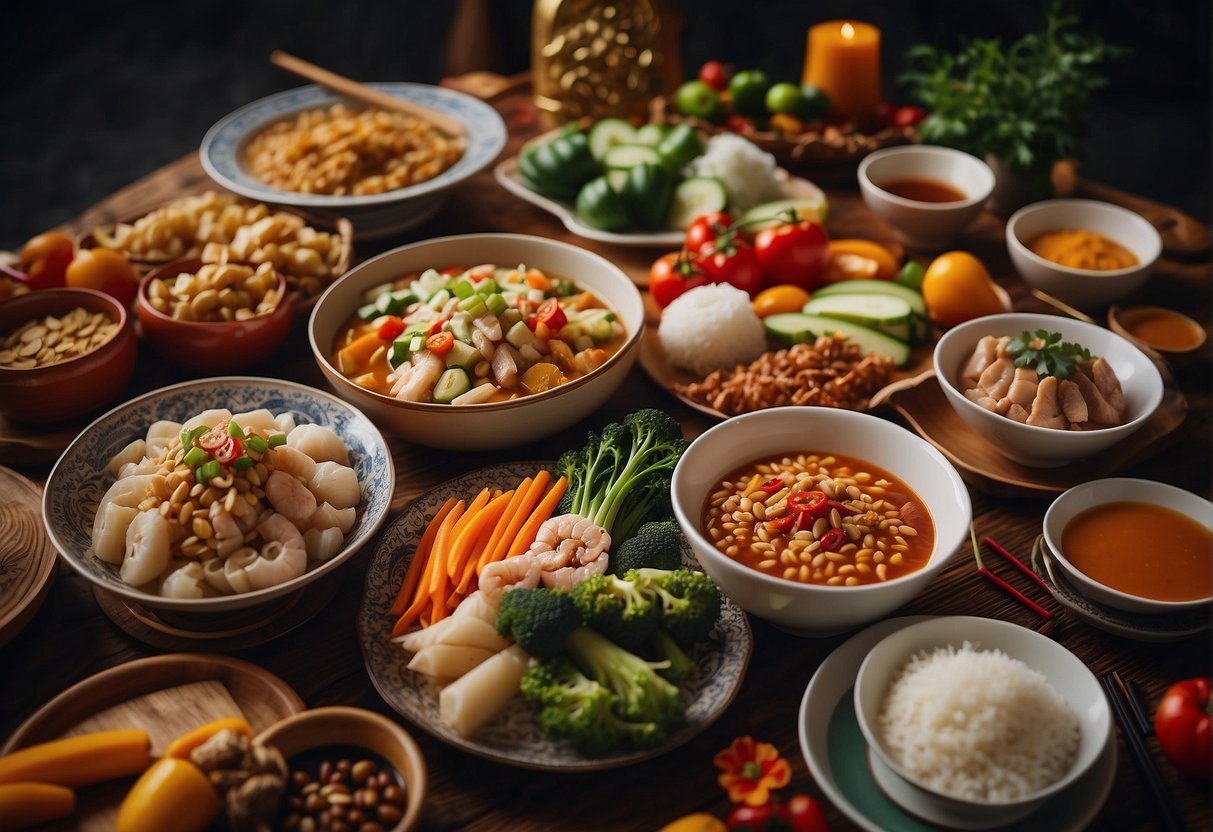 A vibrant table spread with colorful and nutritious Chinese New Year dishes, featuring fresh vegetables, lean proteins, and flavorful sauces