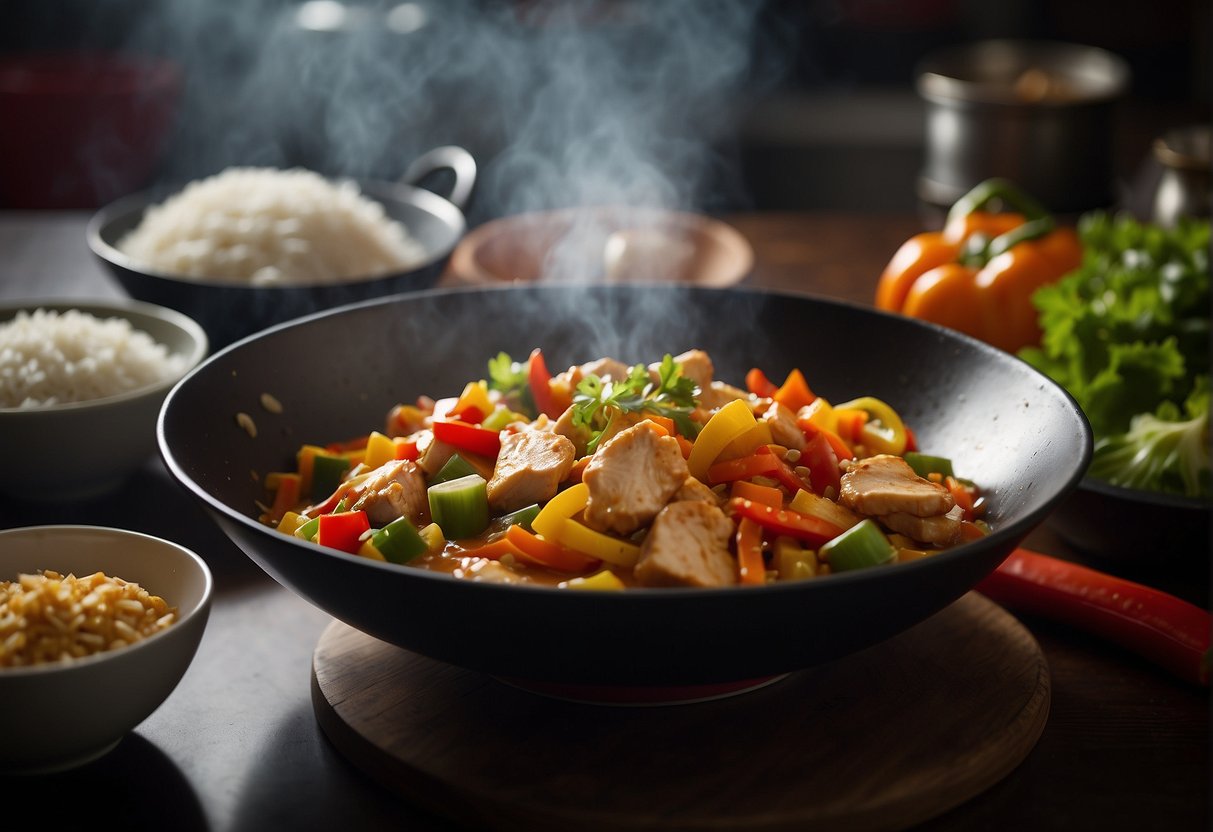 A wok sizzles with diced chicken, onions, and bell peppers cooking in fragrant Chinese curry sauce. Bowls of rice and garnishes sit nearby