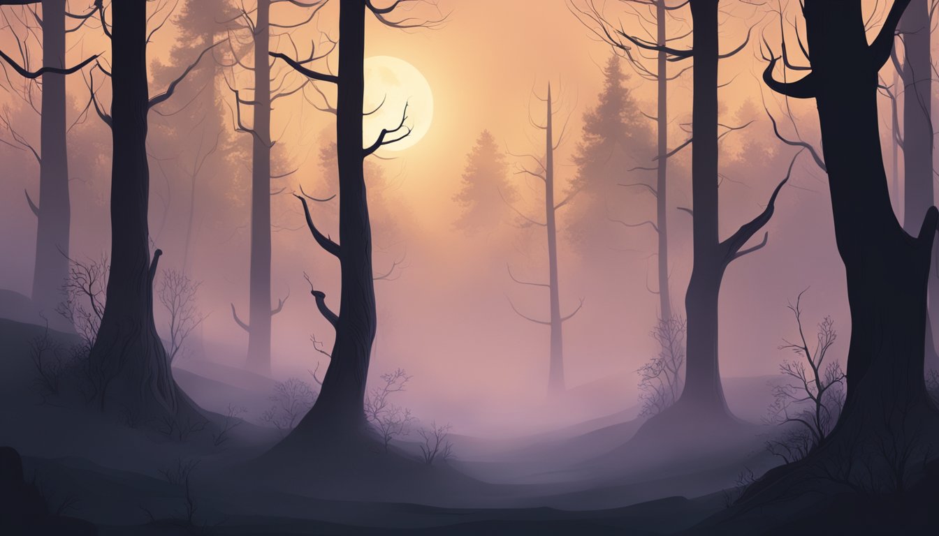 A spooky forest at dusk, with eerie fog and twisted trees, a faint glow from a distant campfire, and shadows lurking in the darkness