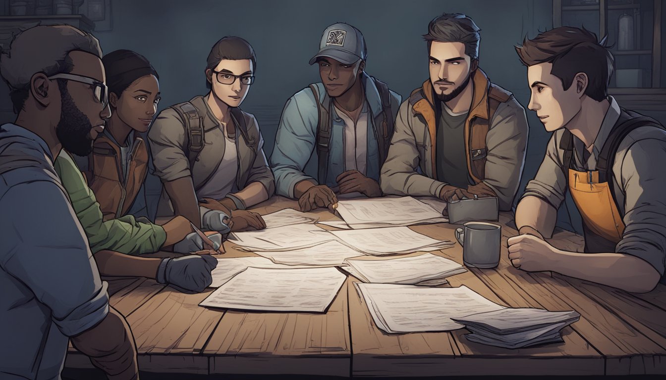 A group of characters gather around a table, pointing to a list of "Frequently Asked Questions" about the best Dead by Daylight DLC to buy