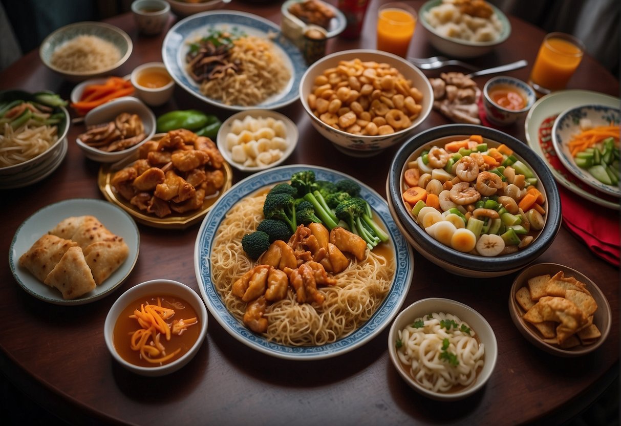 A table filled with colorful and nutritious Chinese New Year dishes, surrounded by happy and healthy family members