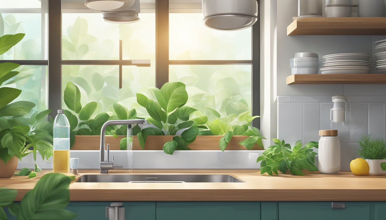 A clean, modern kitchen with a water purifier installed next to a sink, surrounded by lush green plants, and natural light streaming in through the window