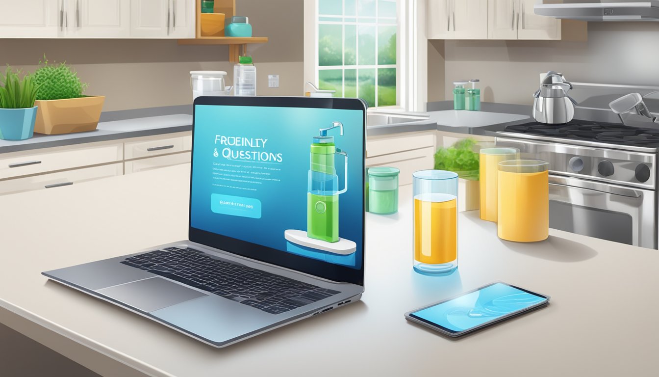 A water purifier sits on a clean, modern kitchen countertop, surrounded by various containers of water. A laptop or smartphone displays a "Frequently Asked Questions" page about buying water purifiers online