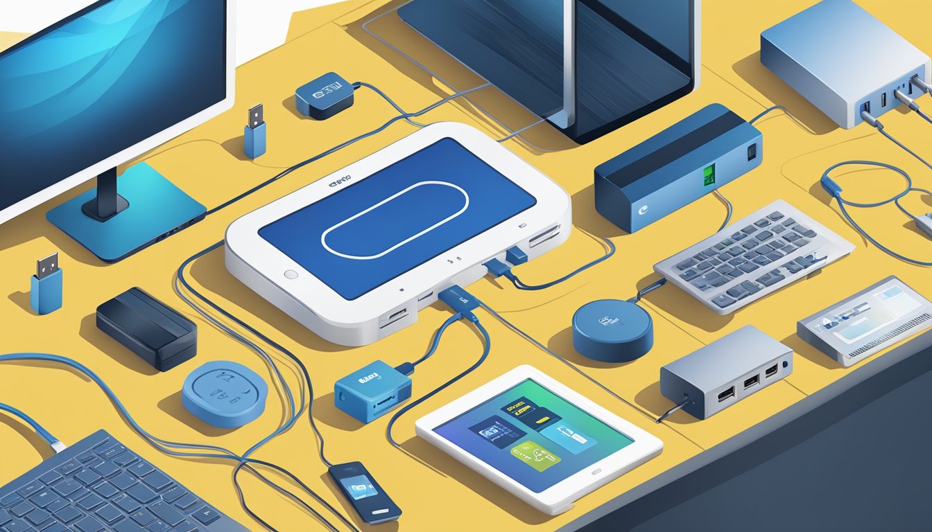 A USB hub surrounded by various electronic devices, with a prominent Best Buy logo in the background