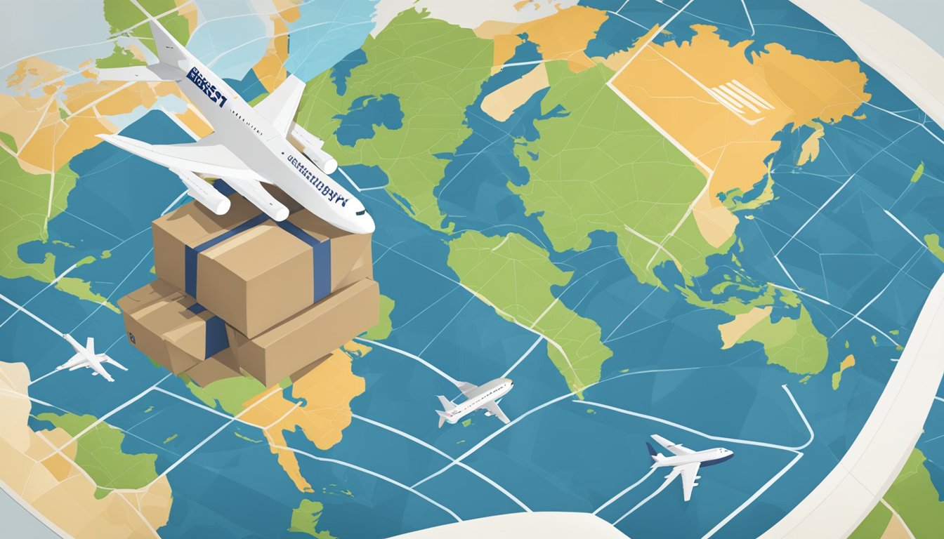 A package labeled "Best Buy" sits on a world map, with international shipping labels and a plane flying overhead