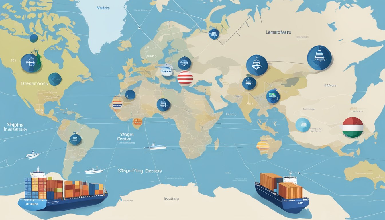 A world map with shipping routes and destination markers, a Best Buy logo, and various shipping containers labeled with international destinations