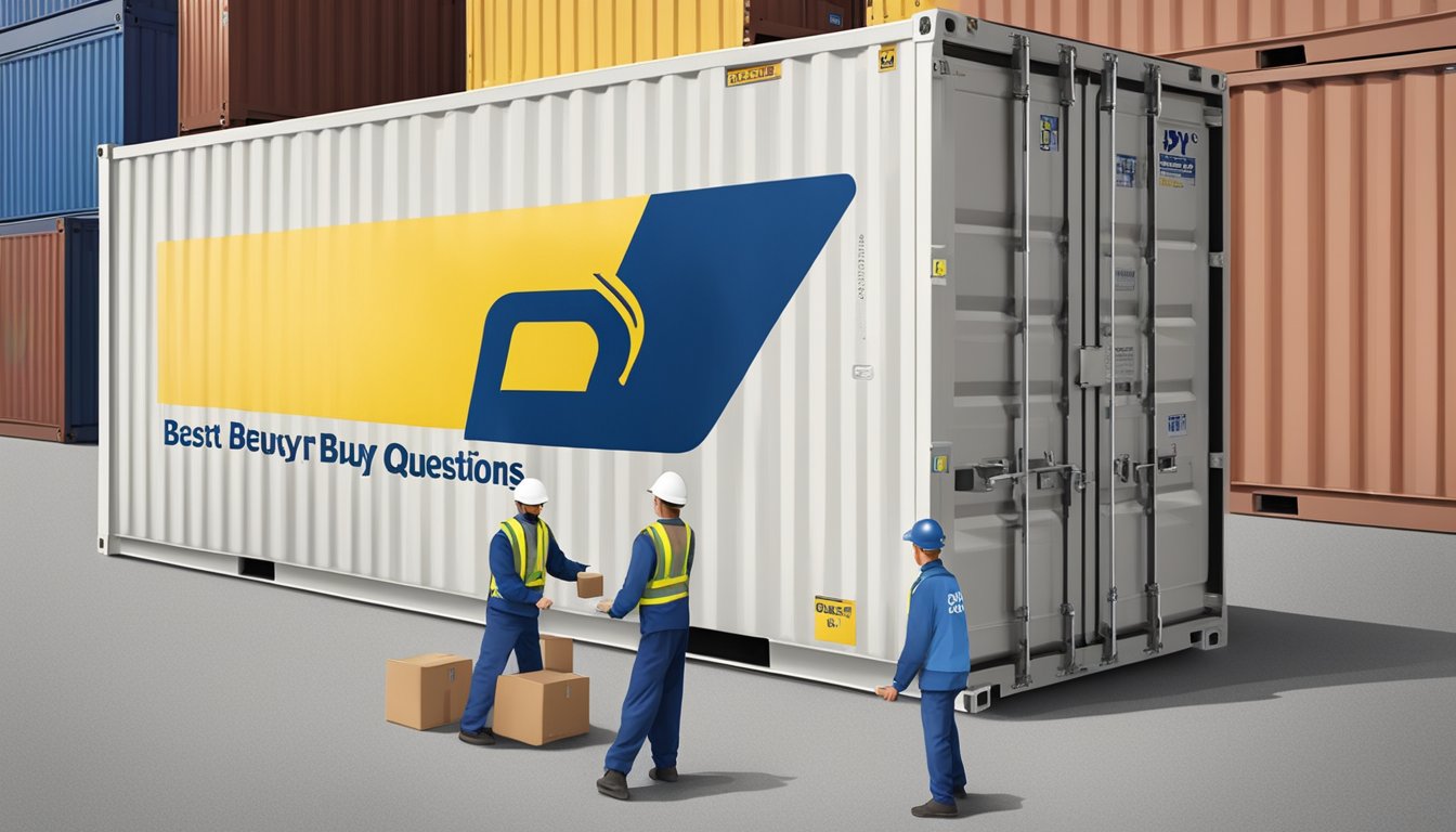 A package labeled "Frequently Asked Questions" with a Best Buy logo is being loaded onto a shipping container marked for overseas delivery