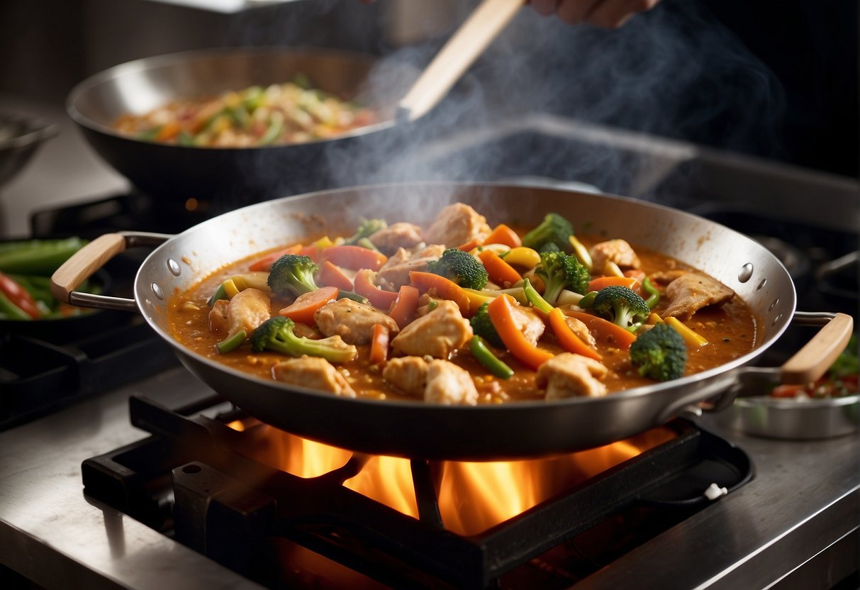 A wok sizzles with chicken, vegetables, and aromatic spices. A chef stirs the fragrant curry sauce, creating a delicious Chinese chicken curry