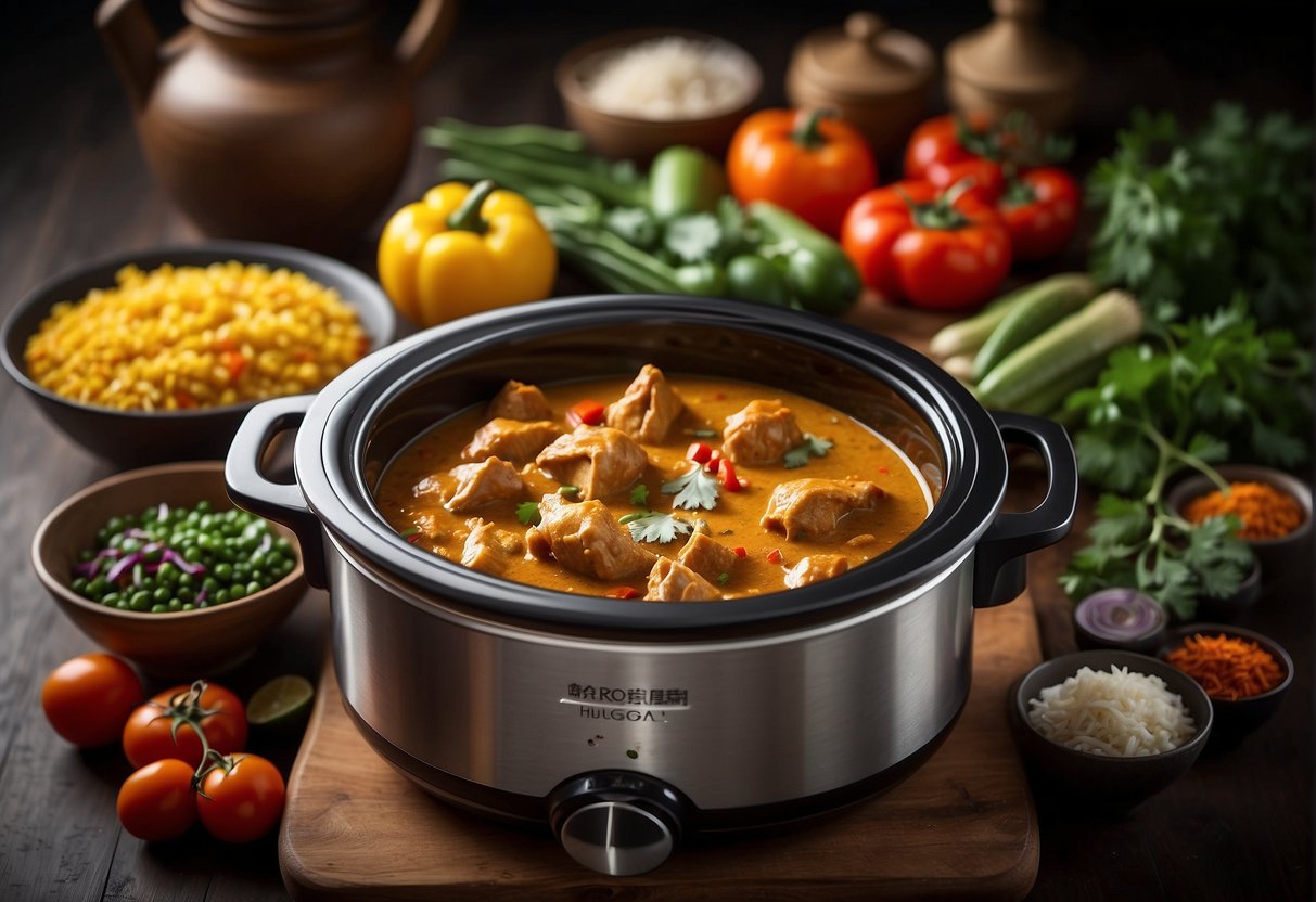 A slow cooker filled with Chinese chicken curry, surrounded by colorful spices and vegetables, emitting a tantalizing aroma