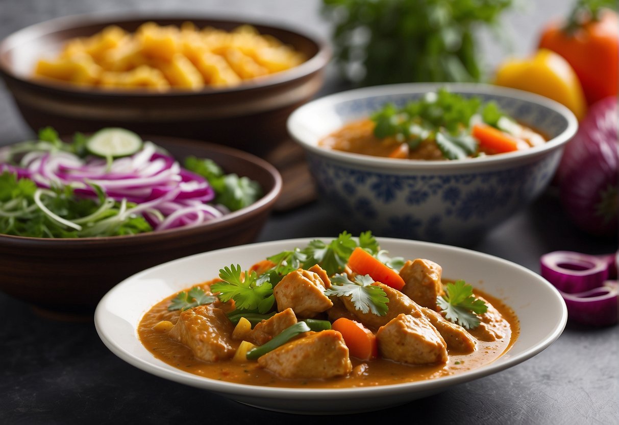 A steaming bowl of Chinese chicken curry surrounded by colorful vegetables and garnished with fresh cilantro