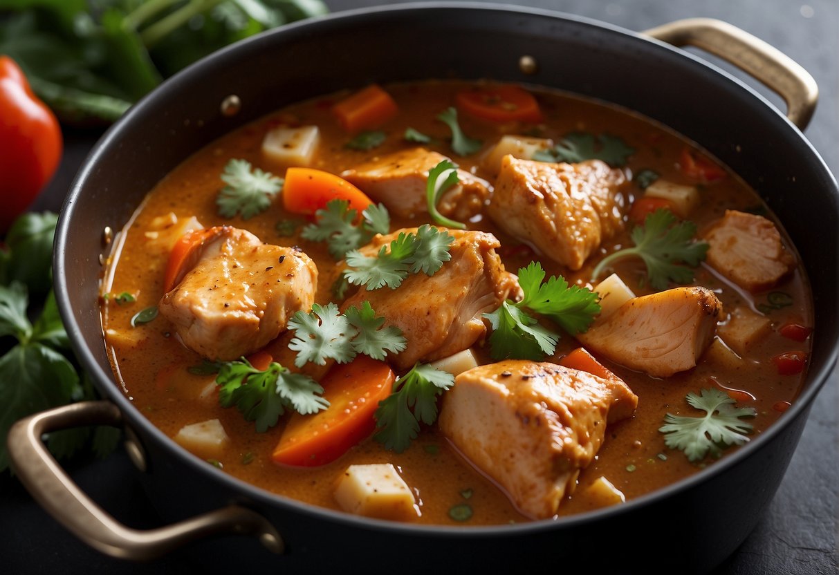 A pot simmering with tender chicken, vibrant vegetables, and aromatic spices for Chinese chicken curry