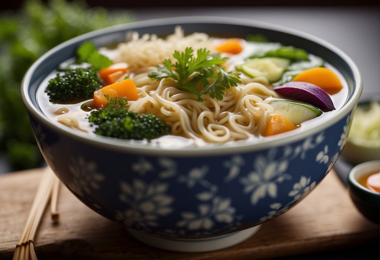 A steaming bowl of Chinese noodle soup with colorful vegetables and savory broth