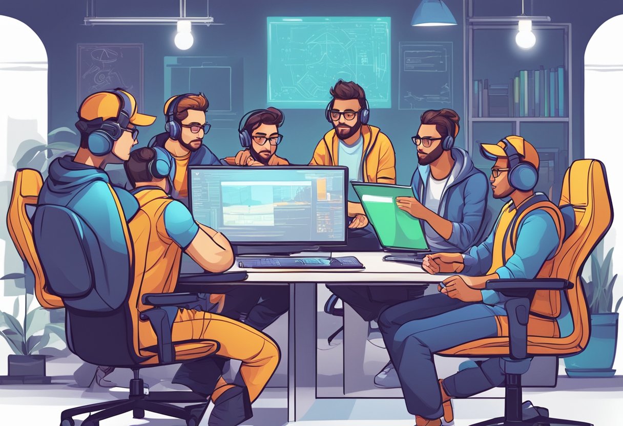 A team of game designers brainstorm ideas, while developers code and test a video game, showcasing the difference between design and development