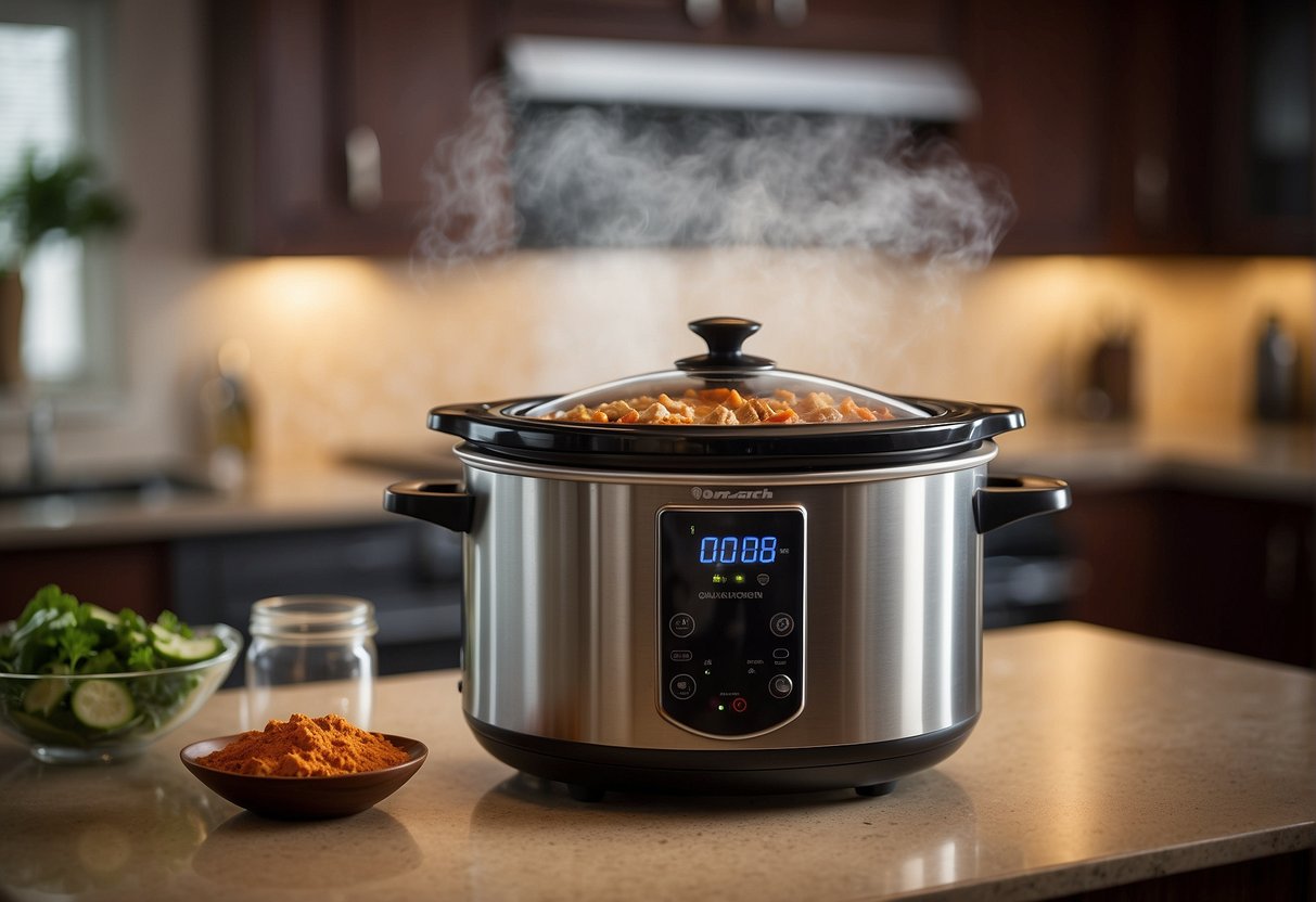 A slow cooker sits on a kitchen counter, filled with bubbling Chinese chicken curry. Steam rises from the pot, filling the air with the aroma of savory spices
