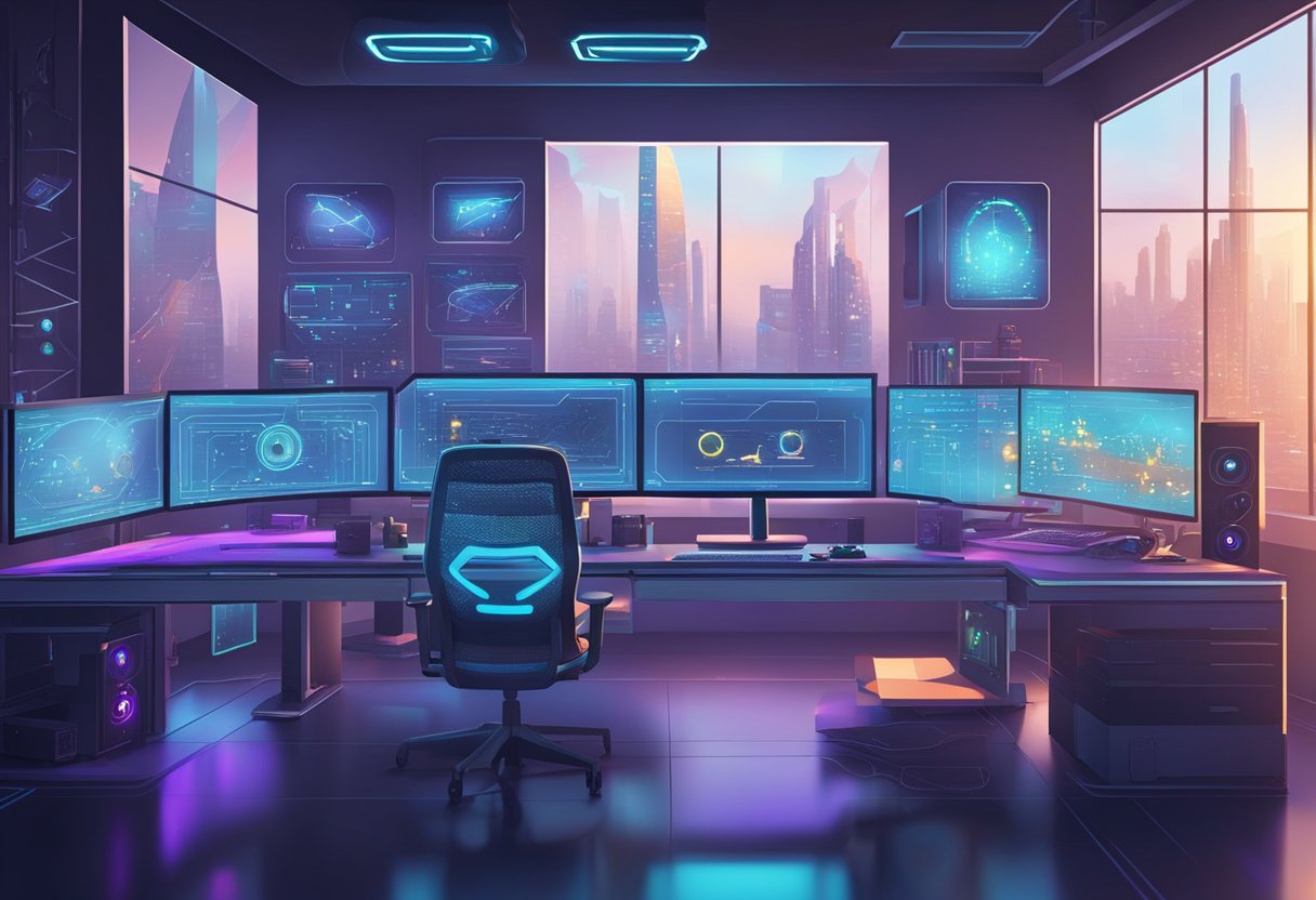 A futuristic game design studio with high-tech equipment and holographic displays, showcasing the difference between game design and game development