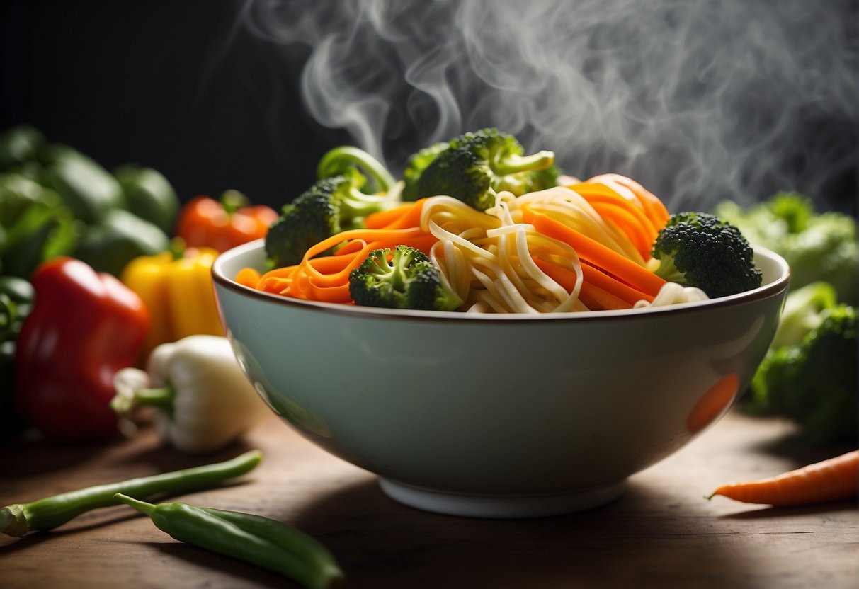 A variety of colorful and nutritious vegetables, such as bell peppers, carrots, and broccoli, surround a bowl of steaming Chinese noodles