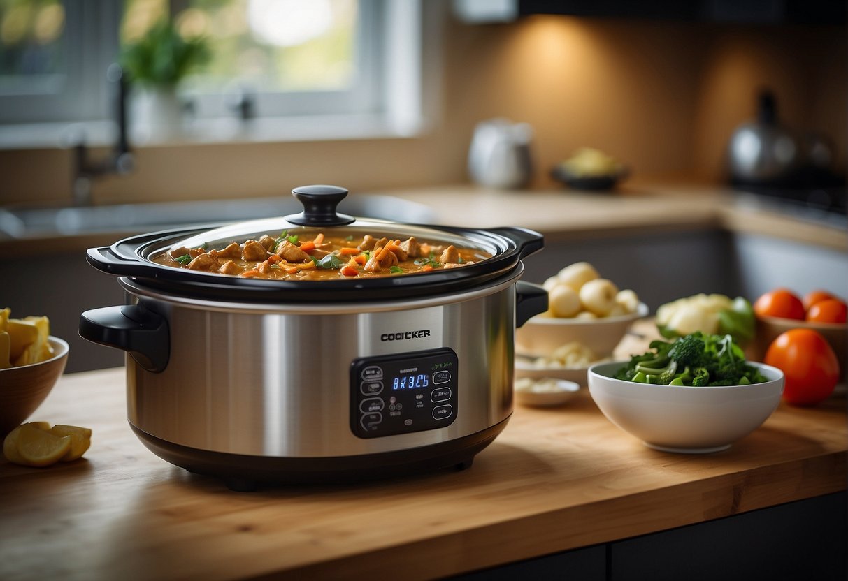 A slow cooker sits on a kitchen counter, filled with simmering Chinese chicken curry. Steam rises from the pot as the rich aroma of spices fills the air. Ingredients like chicken, vegetables, and sauce can be seen inside