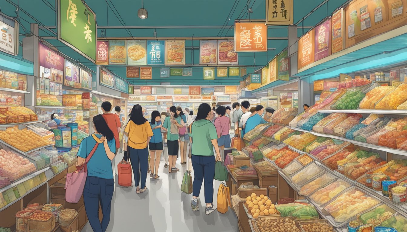 Taiwanese tourists browsing shelves of local snacks and souvenirs in a bustling Singaporean market