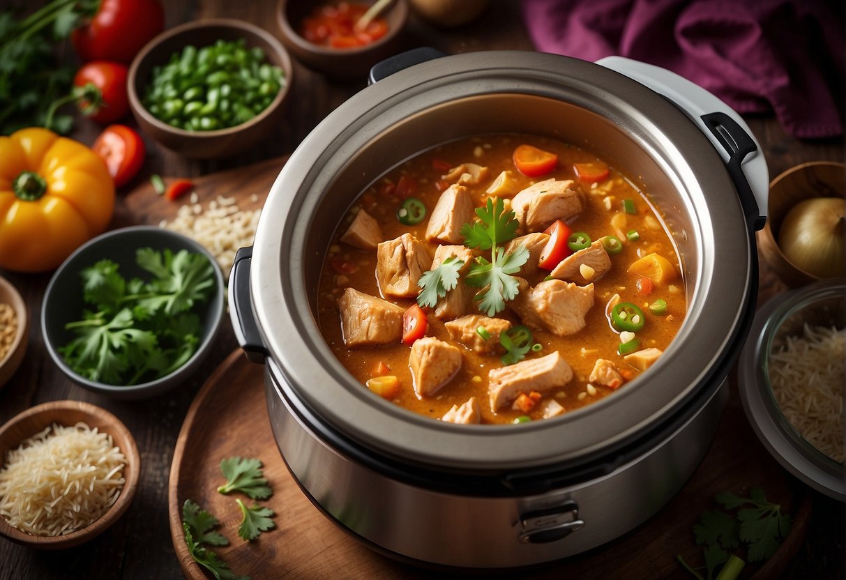 A slow cooker surrounded by fresh ingredients and spices, with a recipe book open to a page titled "Nutritional Information Chinese Chicken Curry."