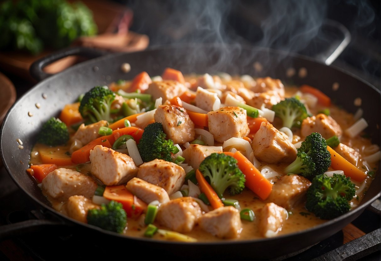 A wok sizzles with chunks of chicken, vegetables, and aromatic spices, simmering in a creamy coconut milk-based sauce, creating a tantalizing aroma