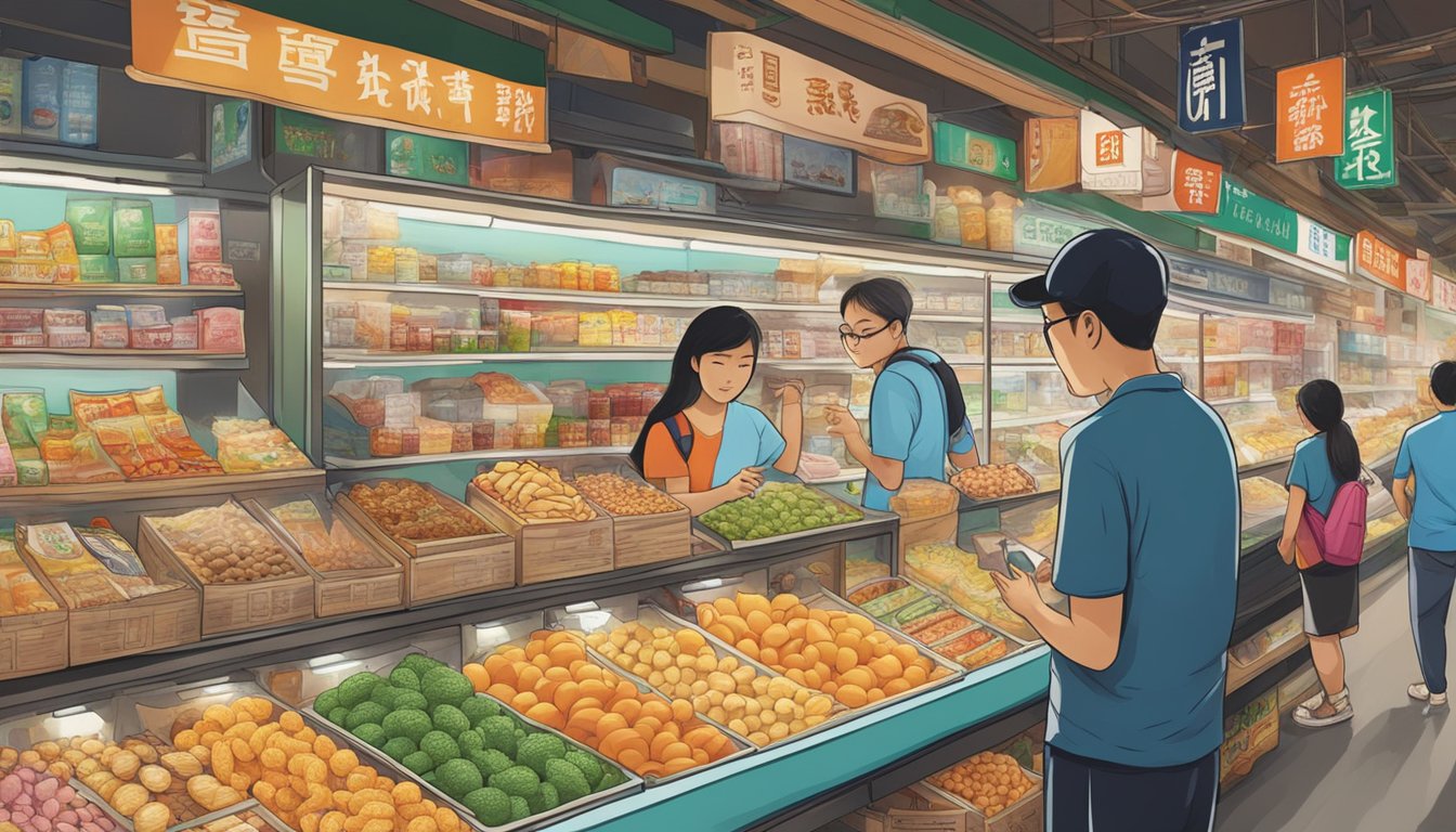 Taiwanese tourists browsing shelves of local snacks and culinary delights in a Singaporean market
