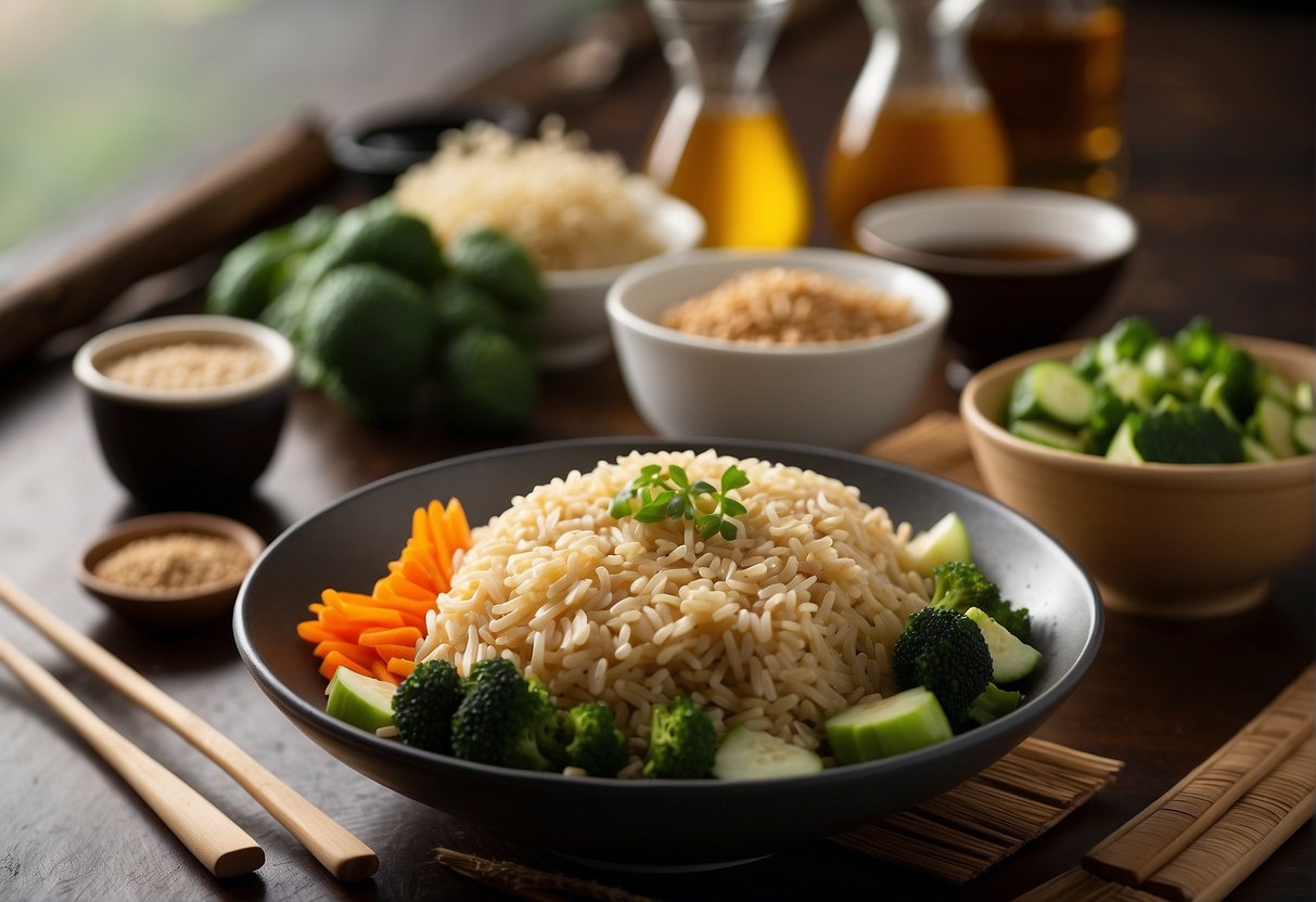 A table is set with fresh vegetables, tofu, and whole wheat noodles. Bowls of soy sauce, sesame oil, and rice vinegar sit nearby as potential substitutes