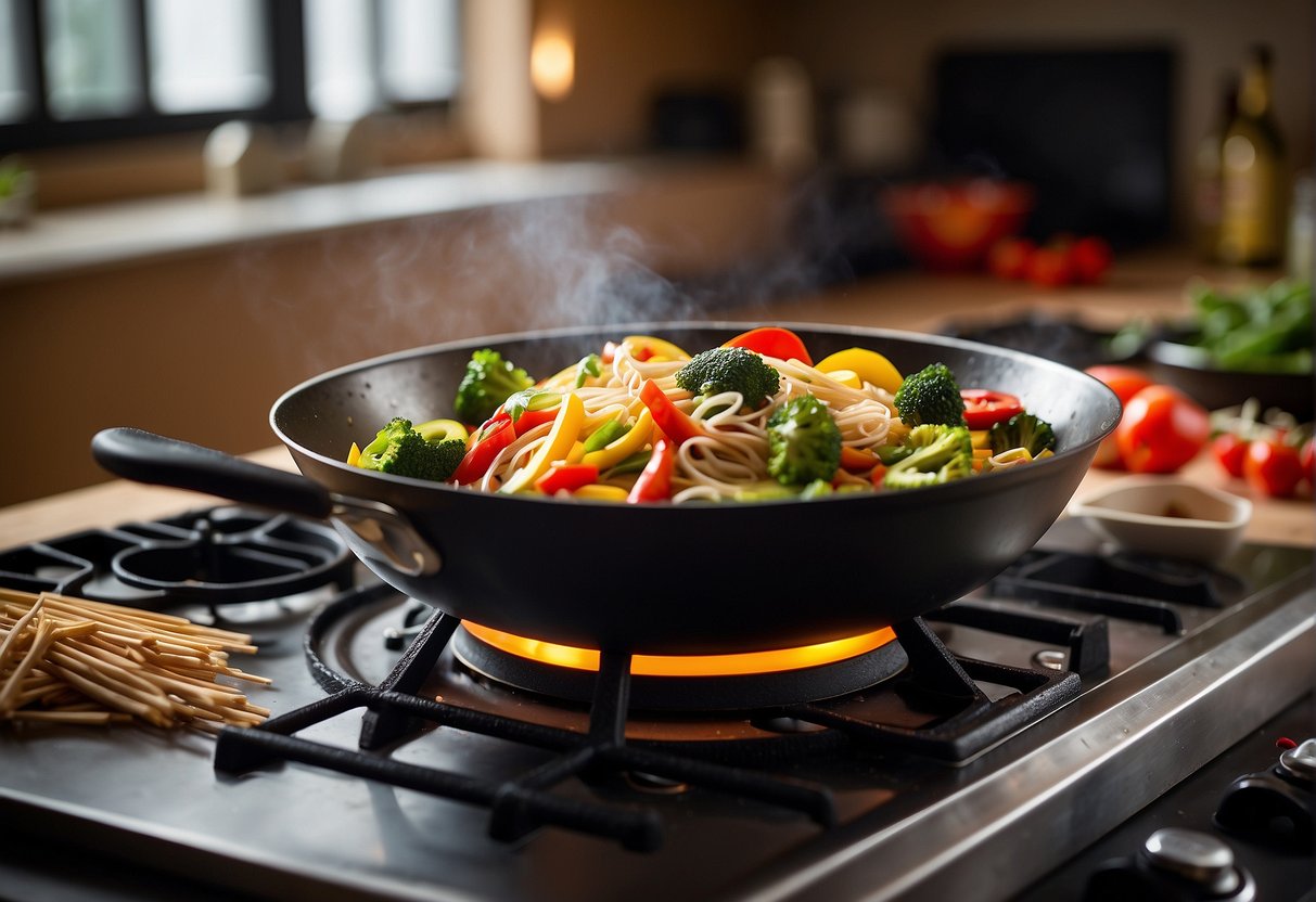 A wok sizzles with stir-fried vegetables and lean protein, while a pot of whole wheat noodles boils on the stove. A colorful array of fresh ingredients sits nearby, ready to be added to the dish